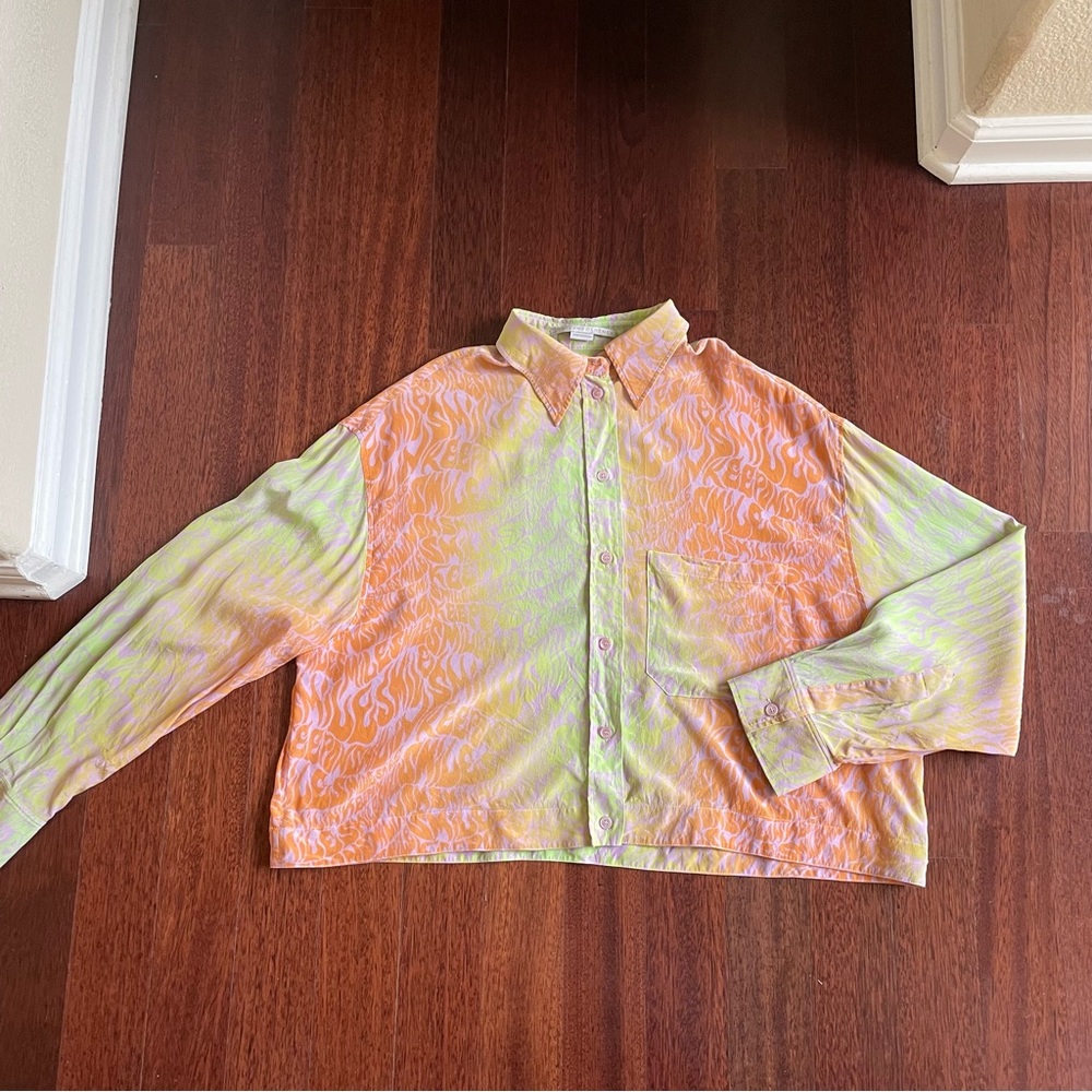 Stella McCartney Keep On Smiling Cropped Silk Shirt Orchid Neon Size 44 - Picture 5 of 14